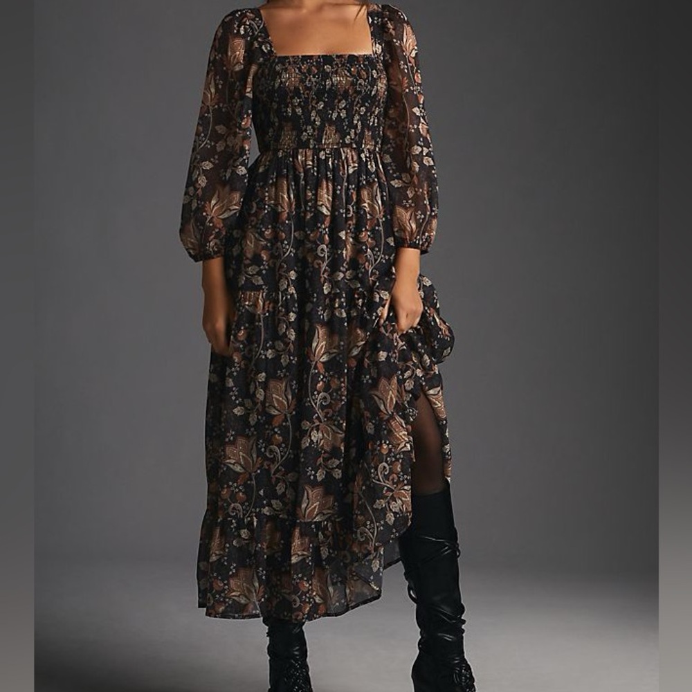 Let Me Be Anthropologie smocked long sleeve paisley print tiered maxi dress